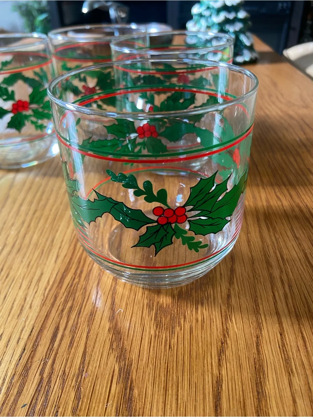 4 Holiday Holly Berry Low Ball Glasses Green & Red
